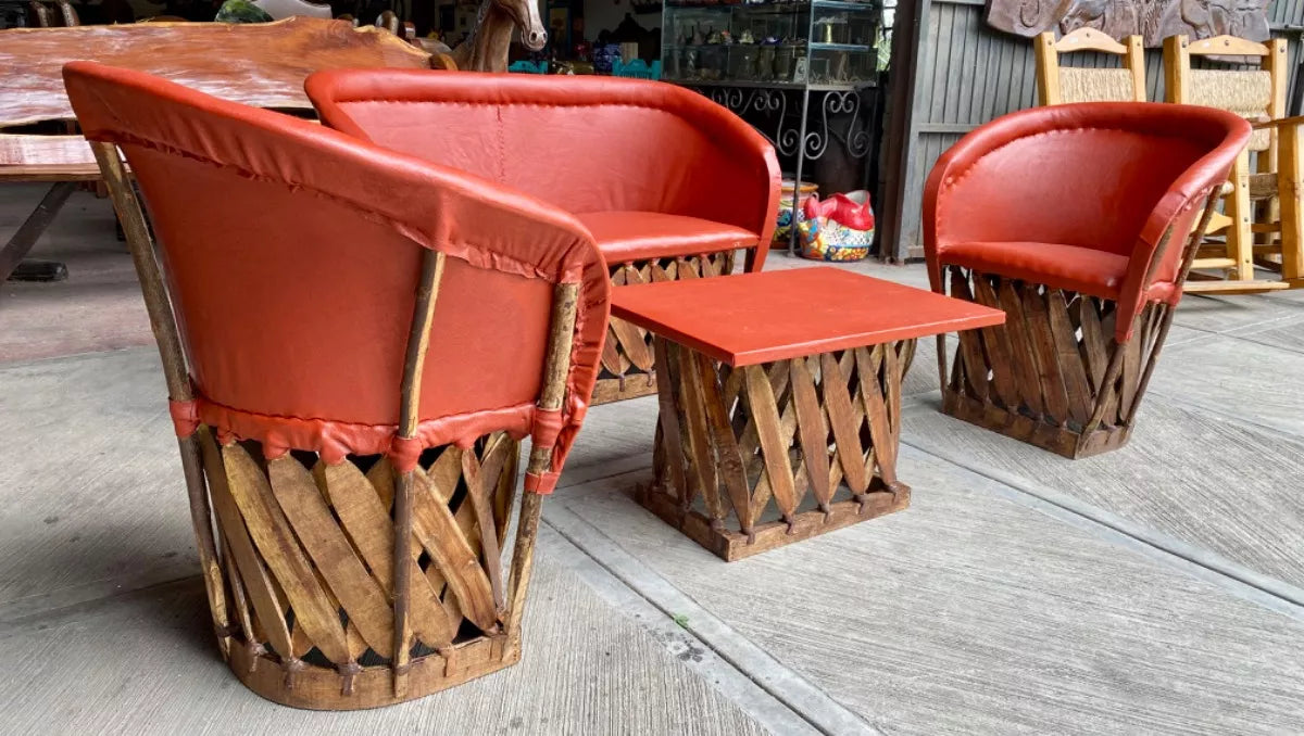 Handcrafted Room Equipal Wood Leather Antique Style Terracotta