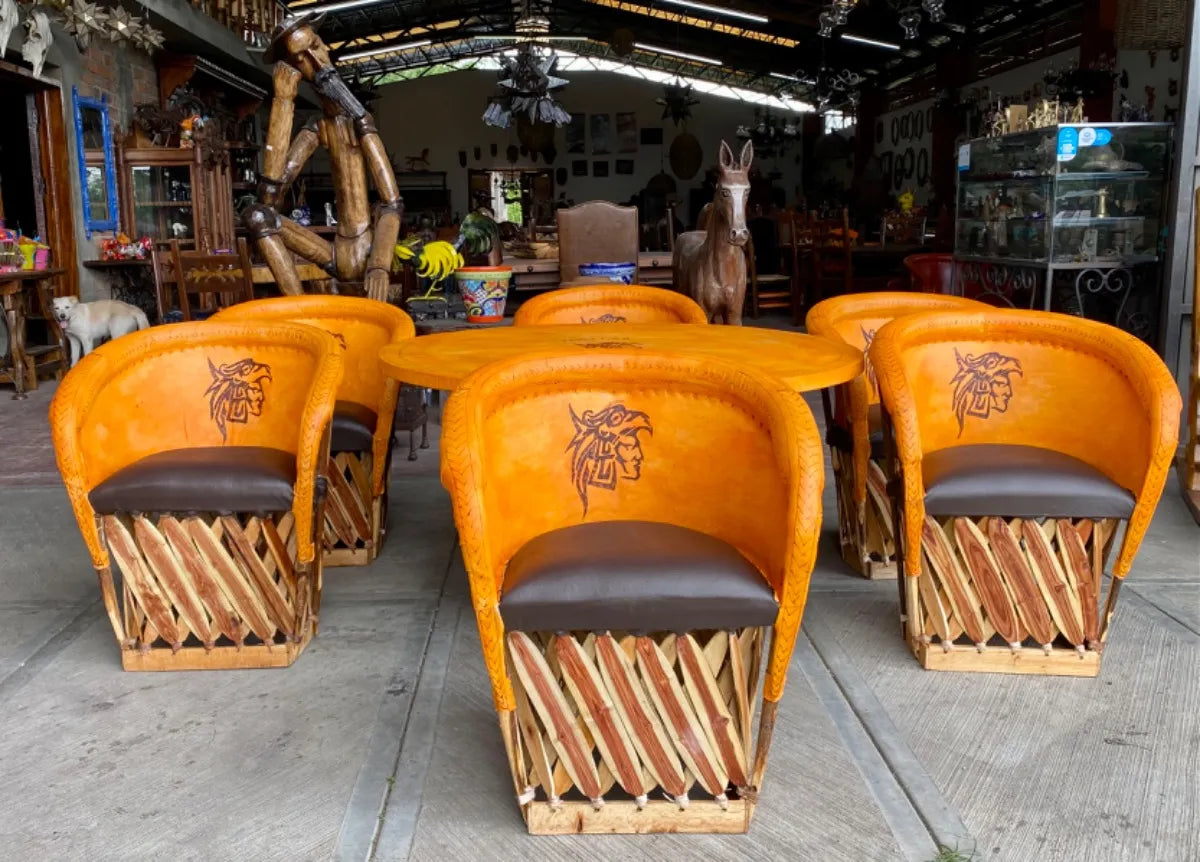 Equipal Dining Room 6 Chairs Aztec Pyrography Antique Style.
