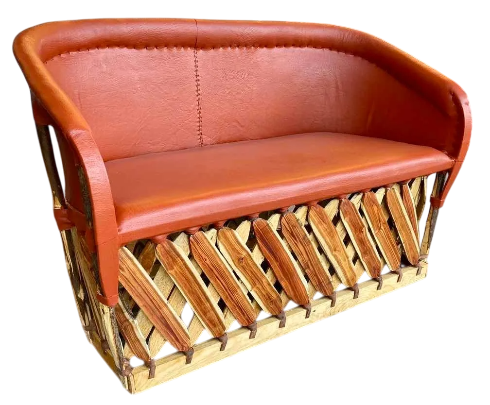 Sillon Love Seat Artesanal Para 2 Personas Tipo Equipal. Marrón Piel Natural