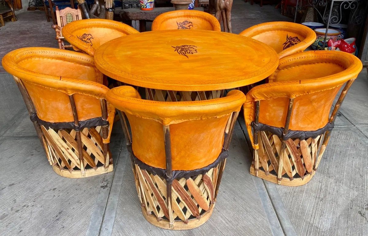 Equipal Dining Room 6 Chairs Aztec Pyrography Antique Style.