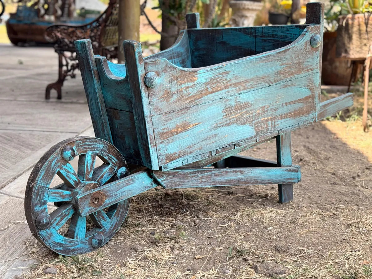 Maceta Carretilla Artesanal Madera De Encino Vintage Antiguo