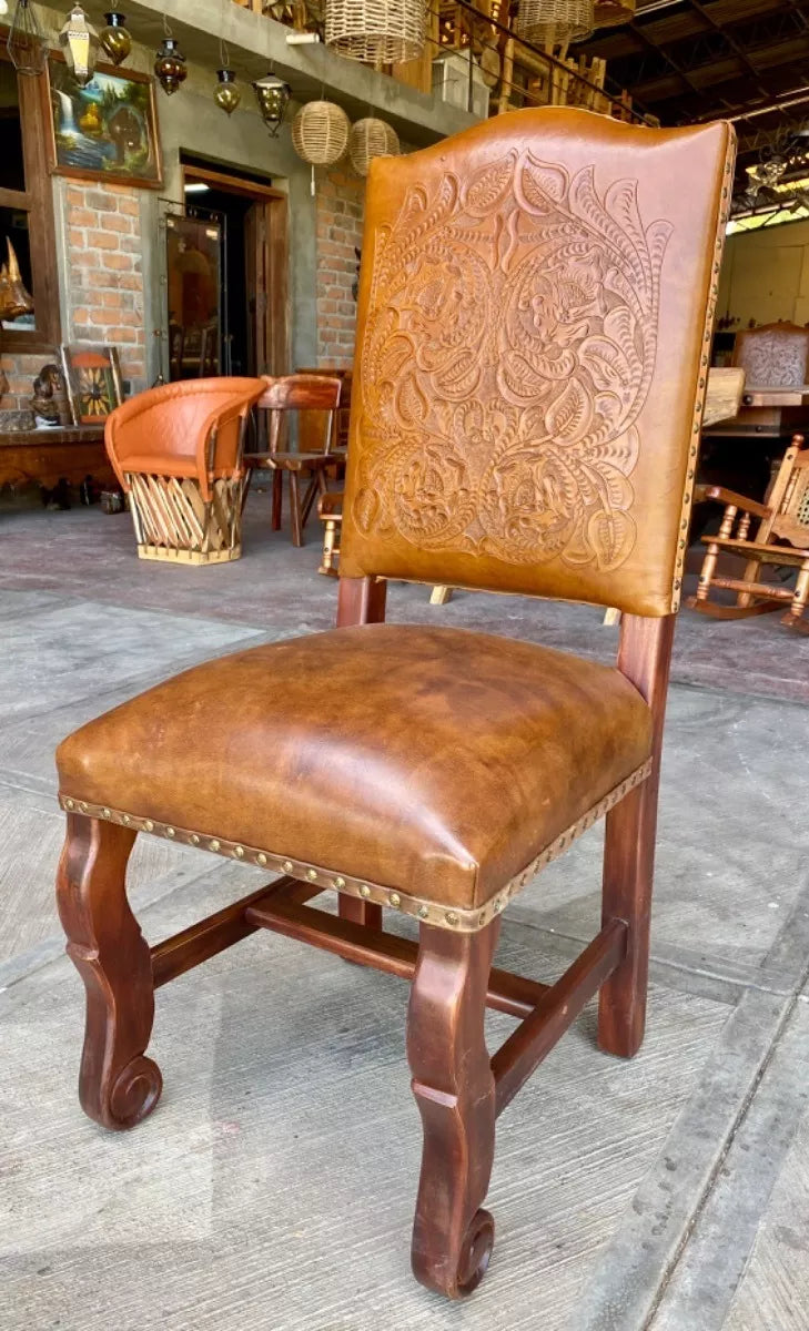 Handcrafted Parota and Chiseled Leather Chair, Antique Style