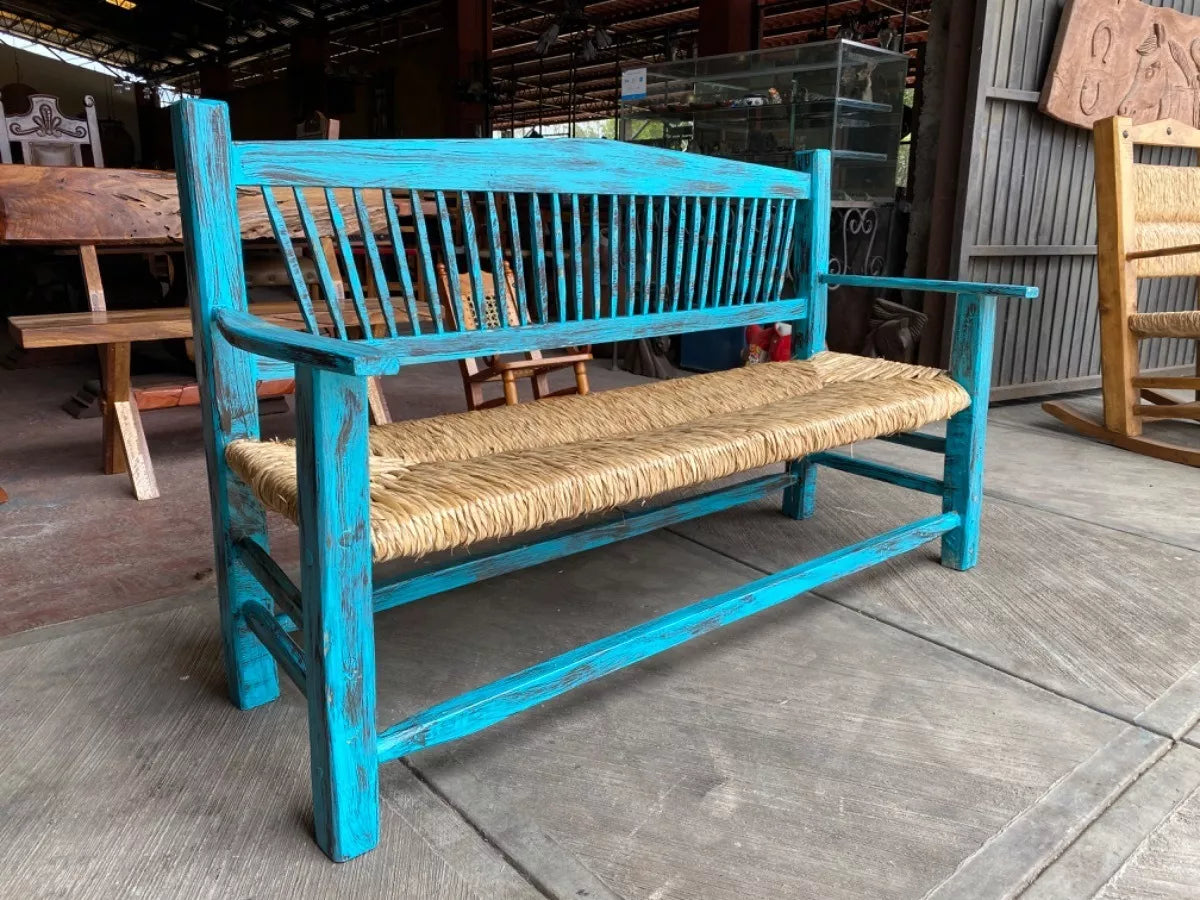 Vintage Woven 3-Person Antique Style Handmade Bench