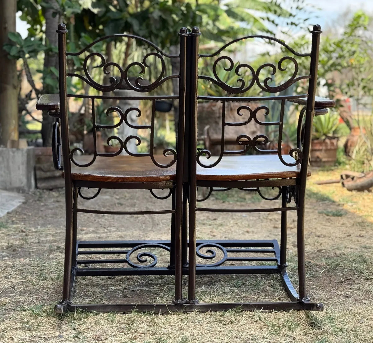 Antique Style Wrought Iron and Parota Rocking Bench