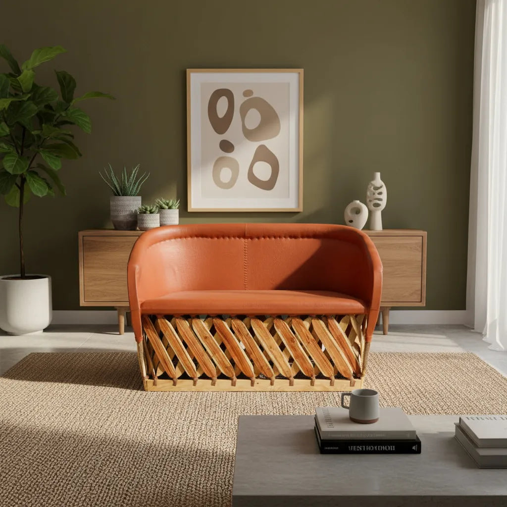 Sillon Love Seat Artesanal Para 2 Personas Tipo Equipal. Marrón Piel Natural
