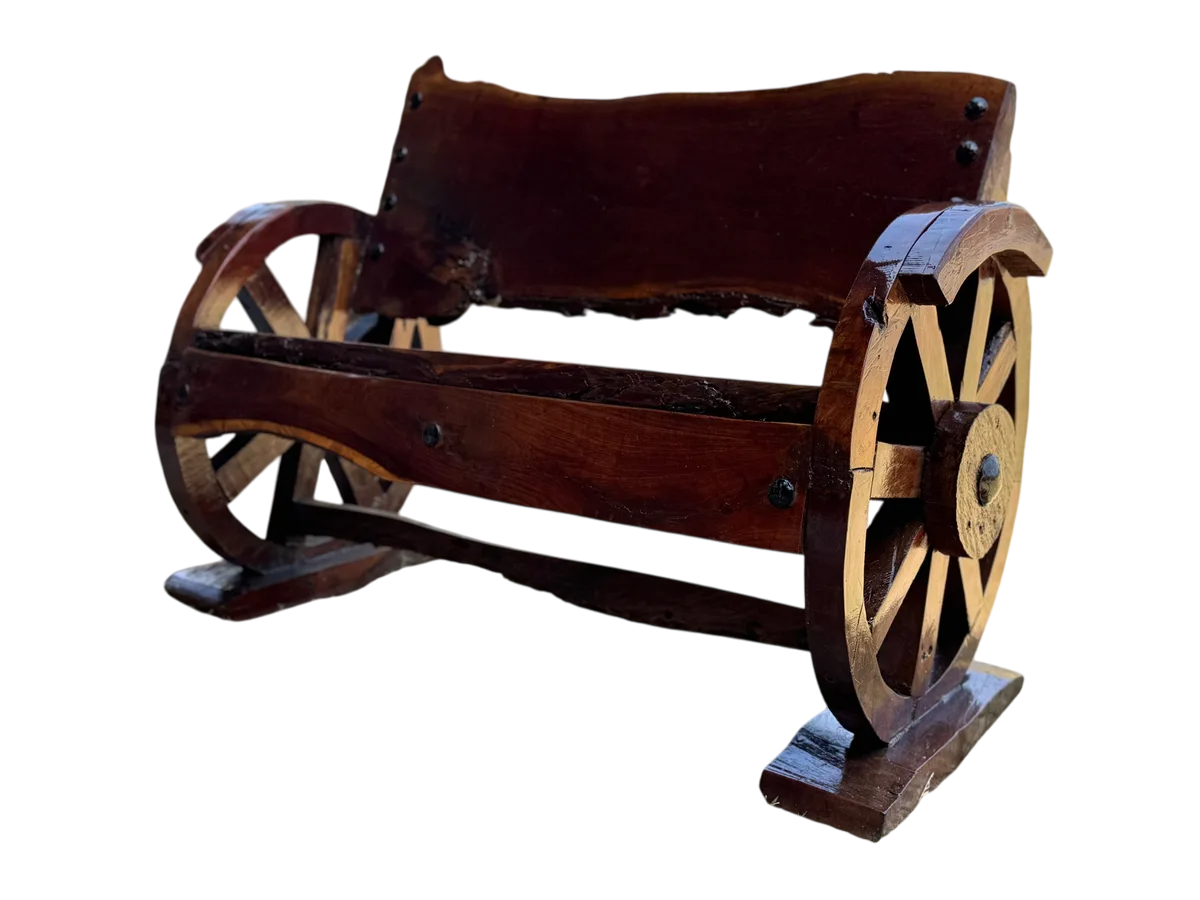 Banca de madera de mezquite antigua de 2 pulgadas (5 cm) de grosor, hecha a mano, para 2 personas, con respaldo antiguo, ruedas originales, más de 100 años