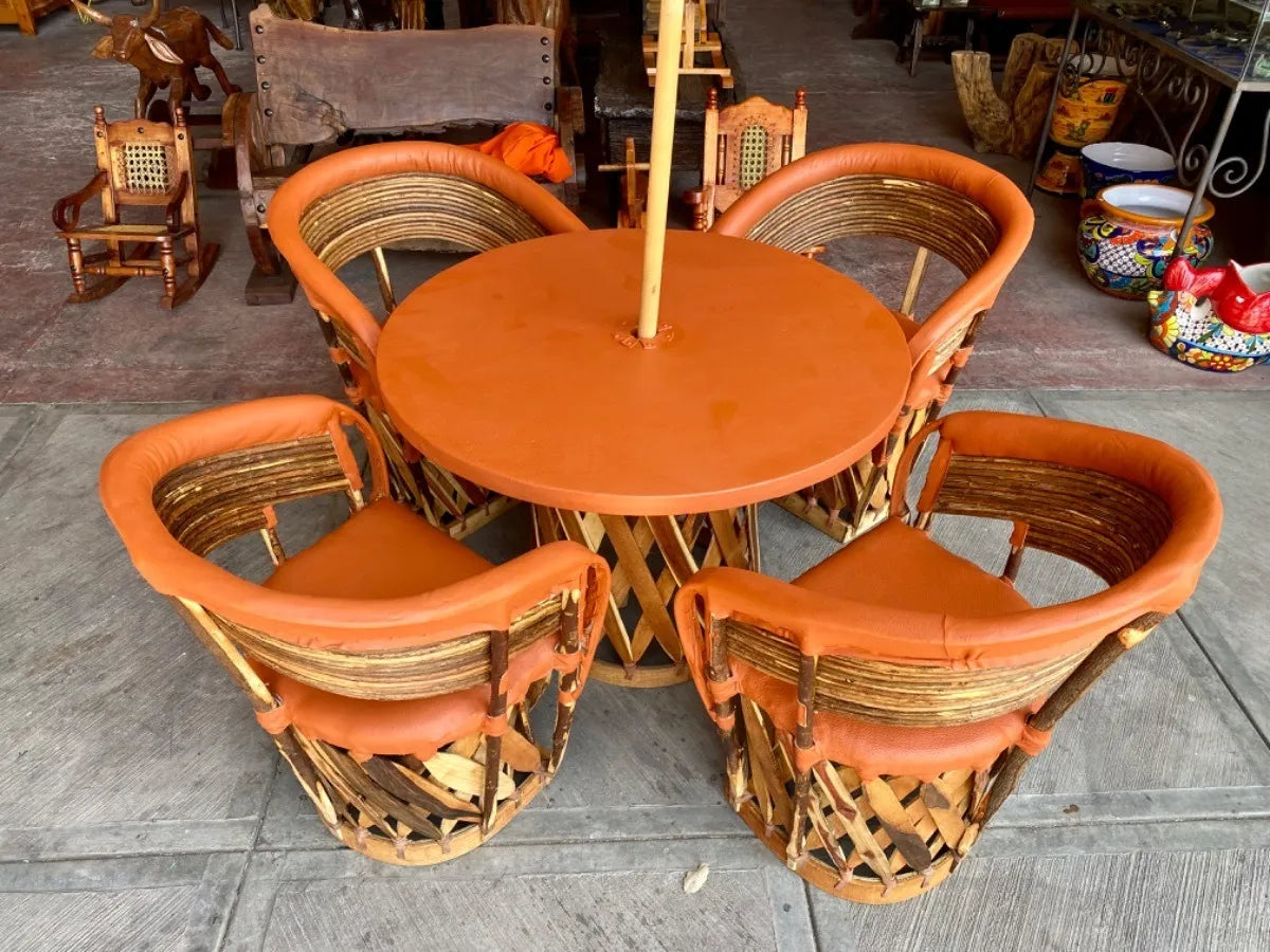 Comedor Equipales Madera Y Piel Con Sombrilla Estilo Antiguo