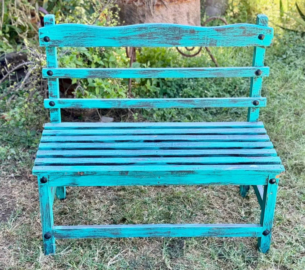 Silla Banca Artesanal 2 Personas Antiguo Turquesa Vintage