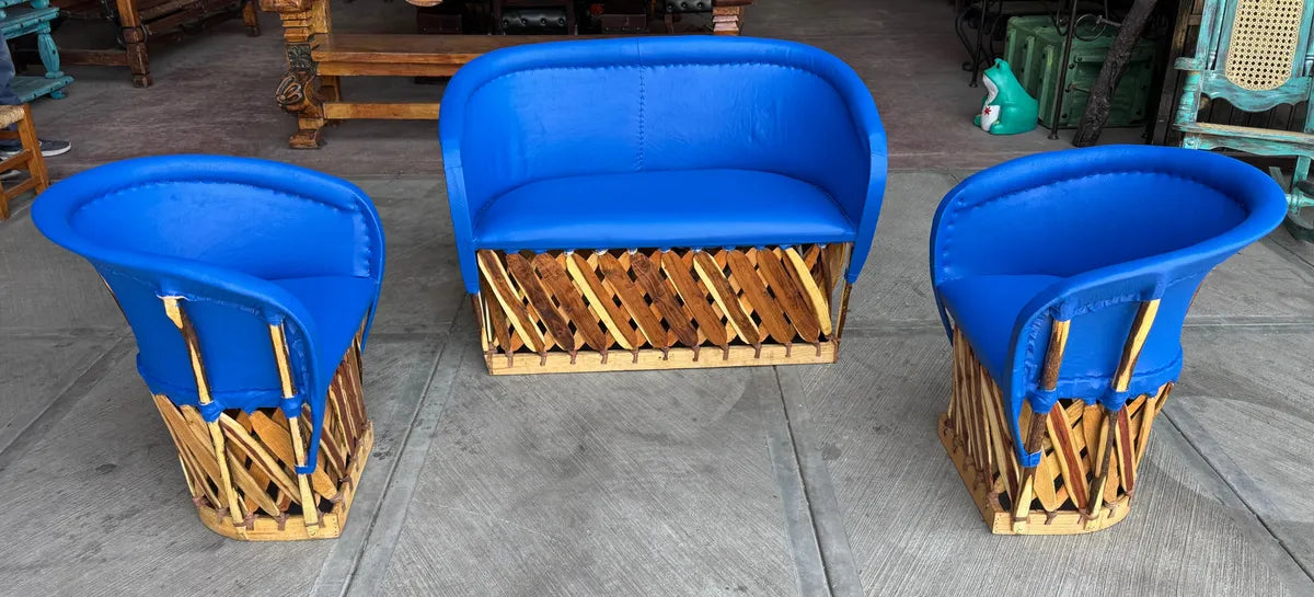Blue Equipal Wood and Leather Antique Style Handcrafted Room.