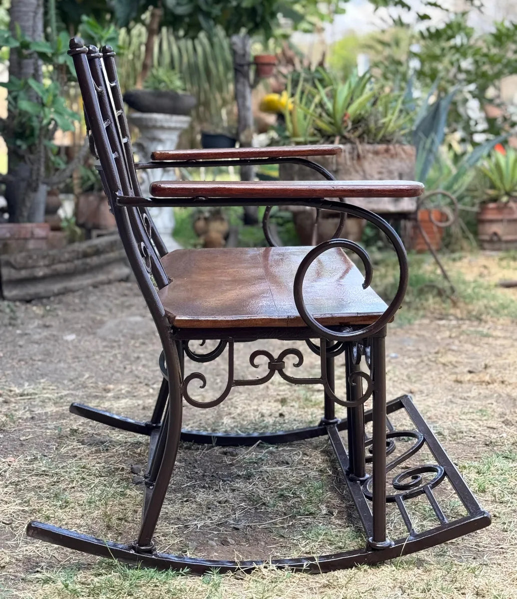 Antique Style Wrought Iron and Parota Rocking Bench