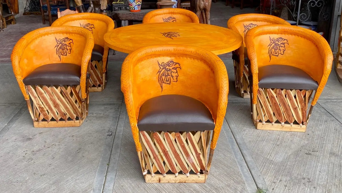 Equipal Dining Room 6 Chairs Aztec Pyrography Antique Style.