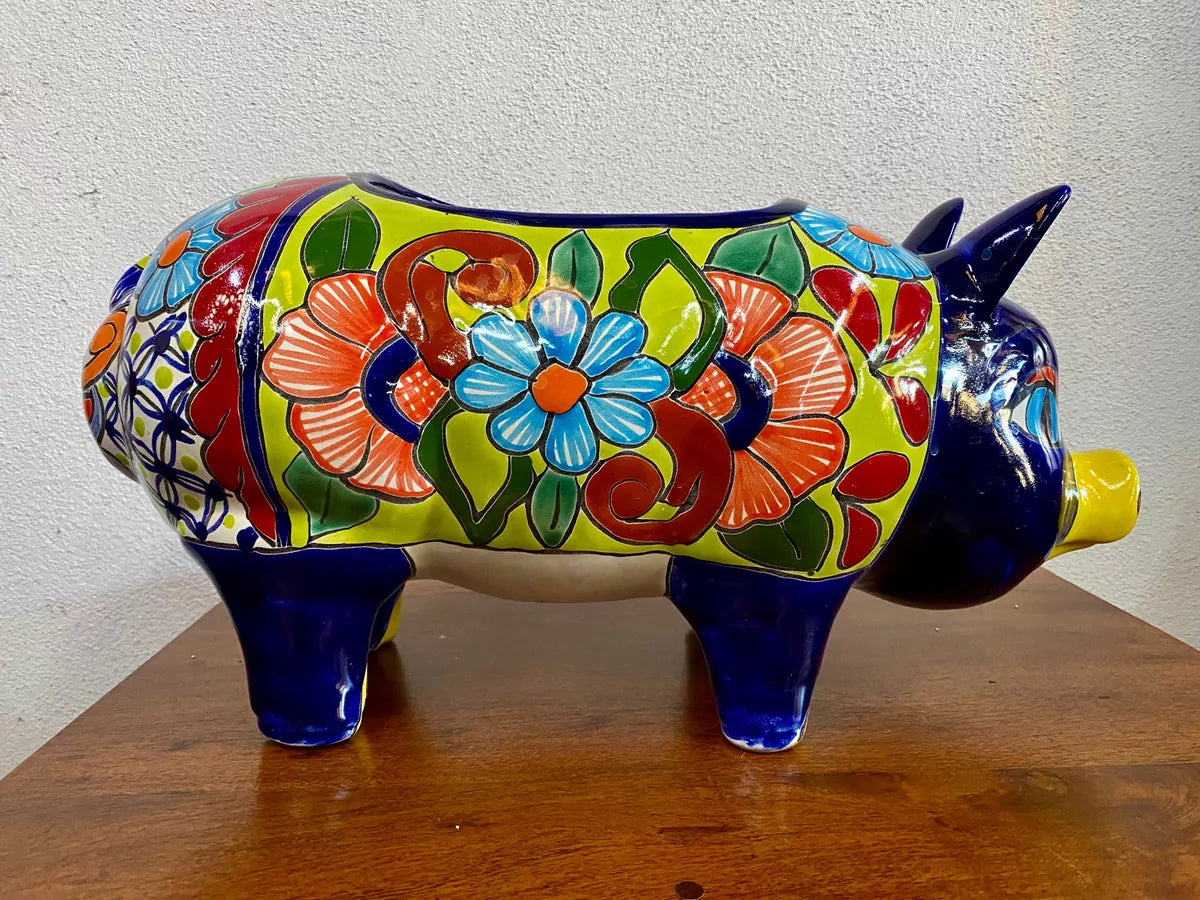Bella Maceta Cerdo Exclusivo En Talavera Fina Estilo Antiguo
