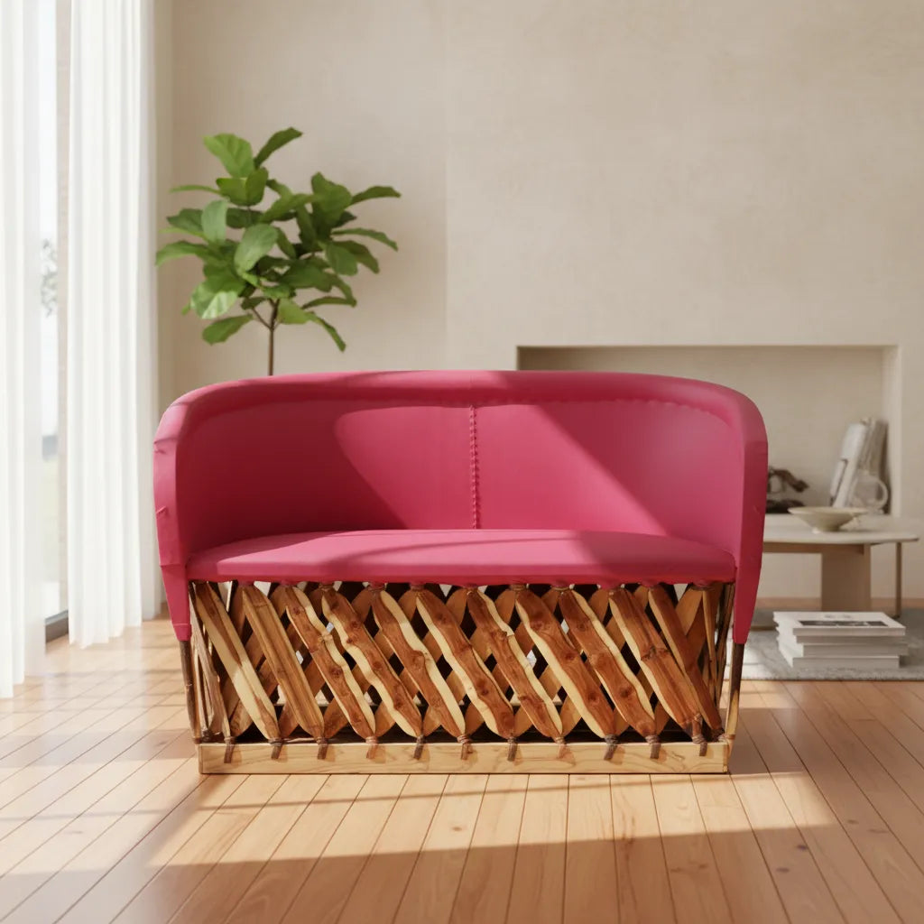 Sillón Love Seat Para 2 Personas Equipal Rosa Madera Piel