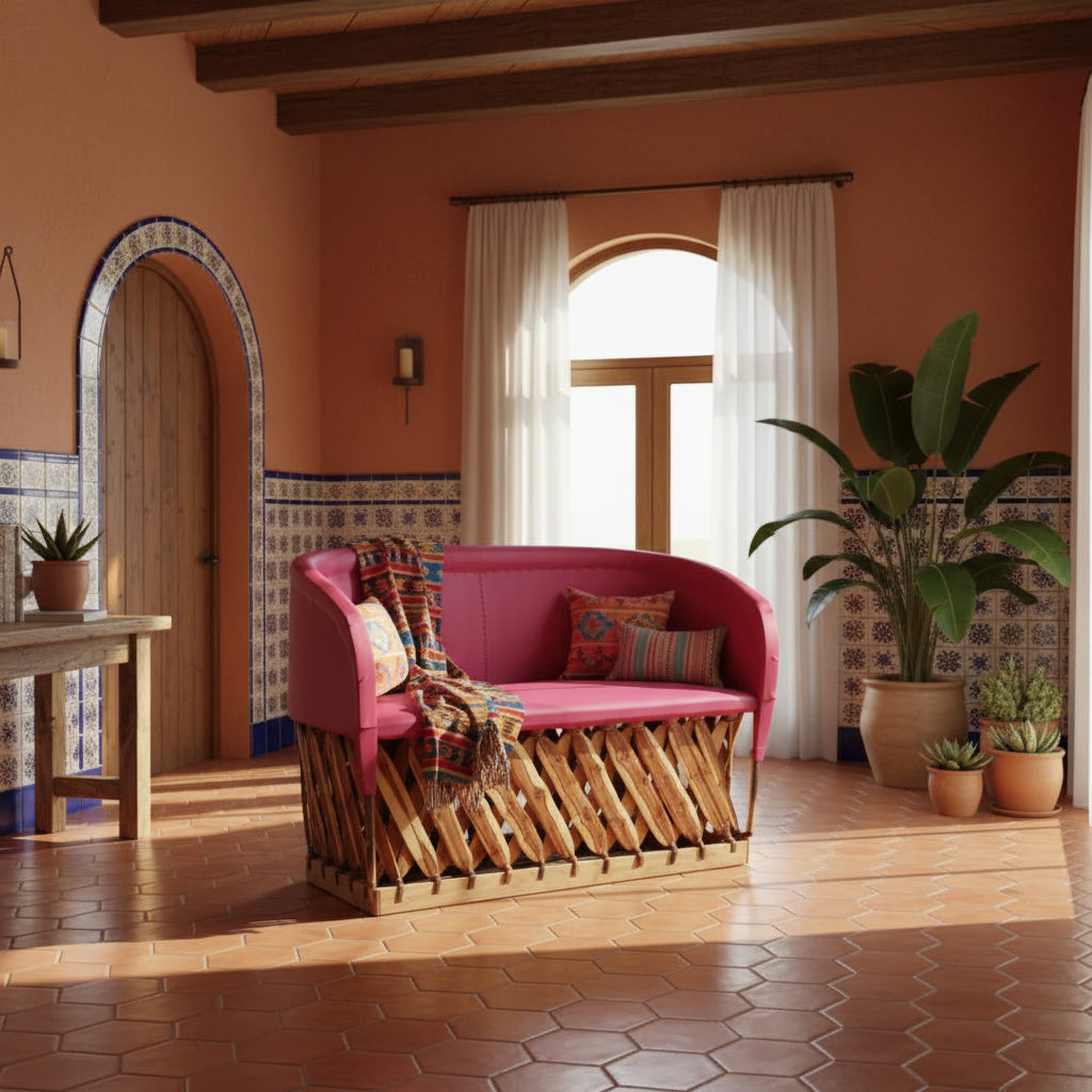 Sillón Love Seat Para 2 Personas Equipal Rosa Madera Piel