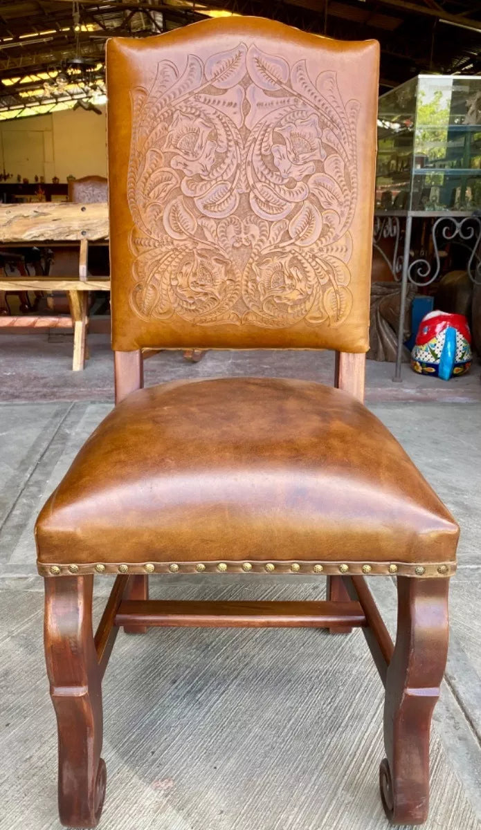 Handcrafted Parota and Chiseled Leather Chair, Antique Style
