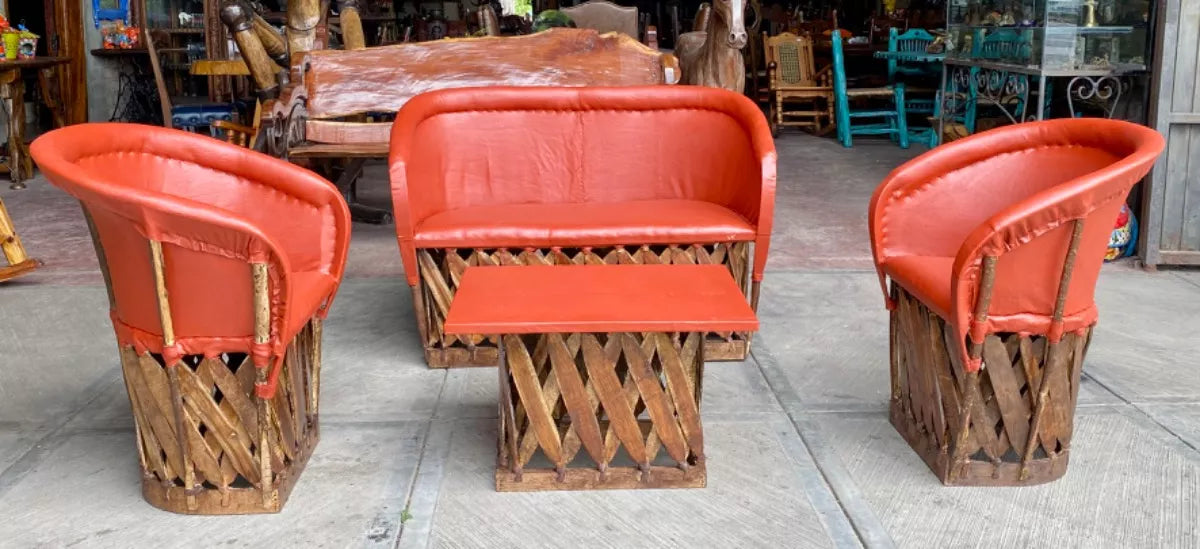 Handcrafted Room Equipal Wood Leather Antique Style Terracotta