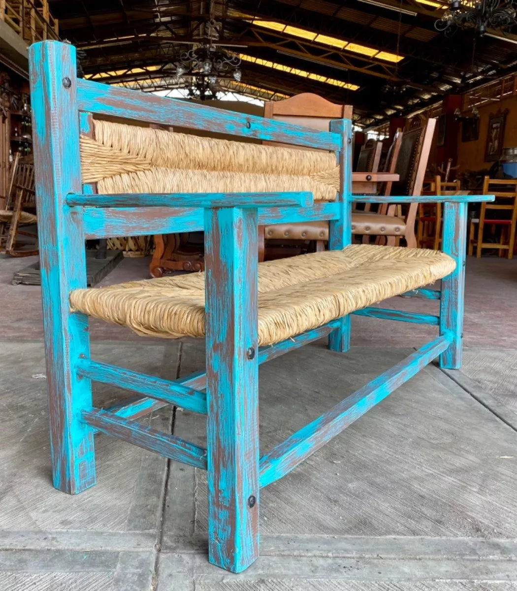 Vintage Woven 3-Person Antique Style Handmade Bench