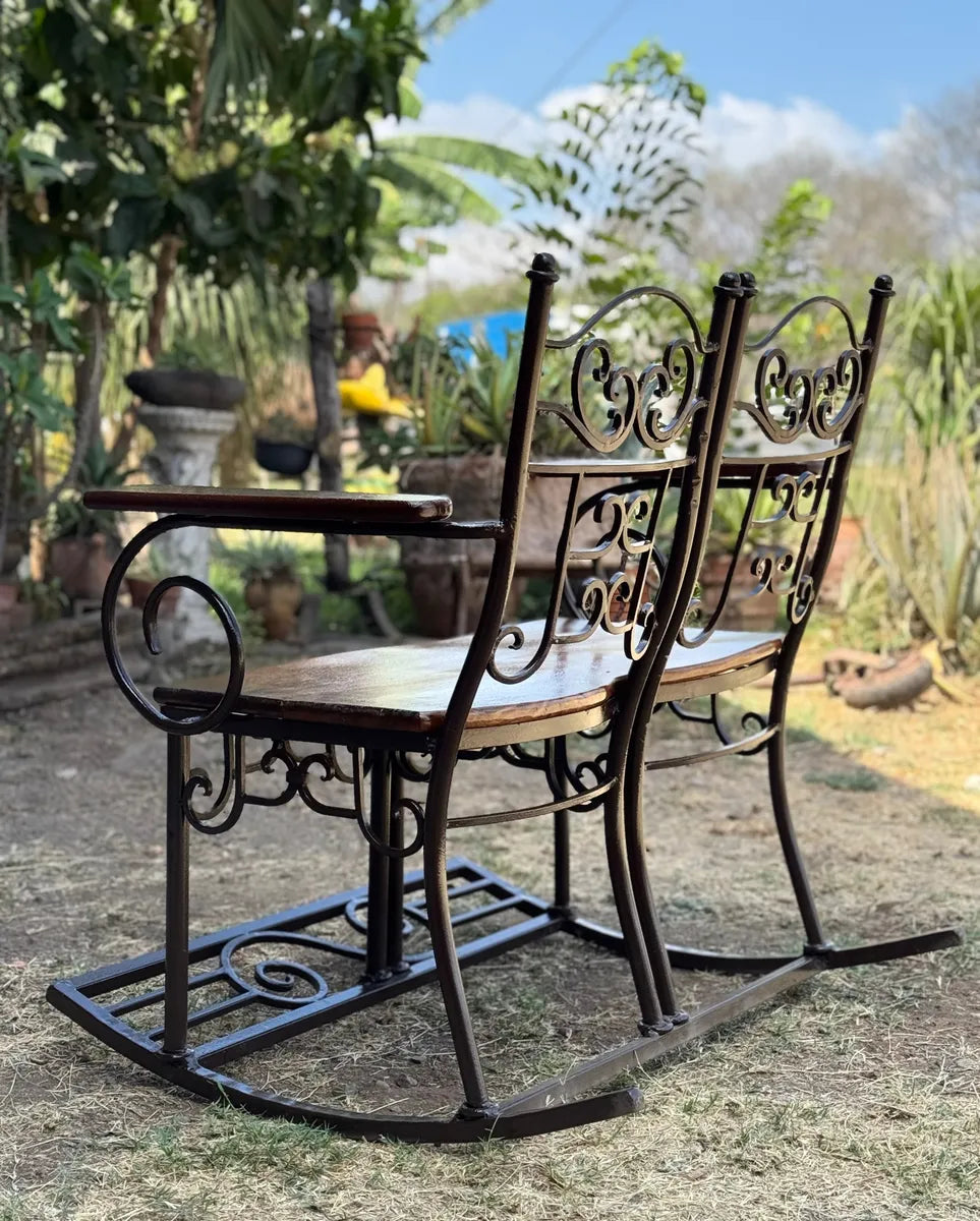 Antique Style Wrought Iron and Parota Rocking Bench