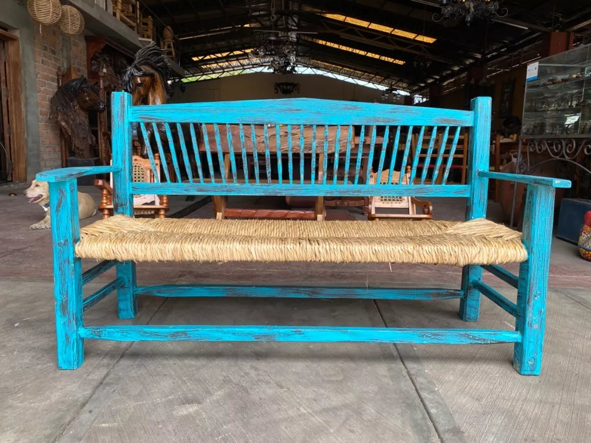 Vintage Woven 3-Person Antique Style Handmade Bench