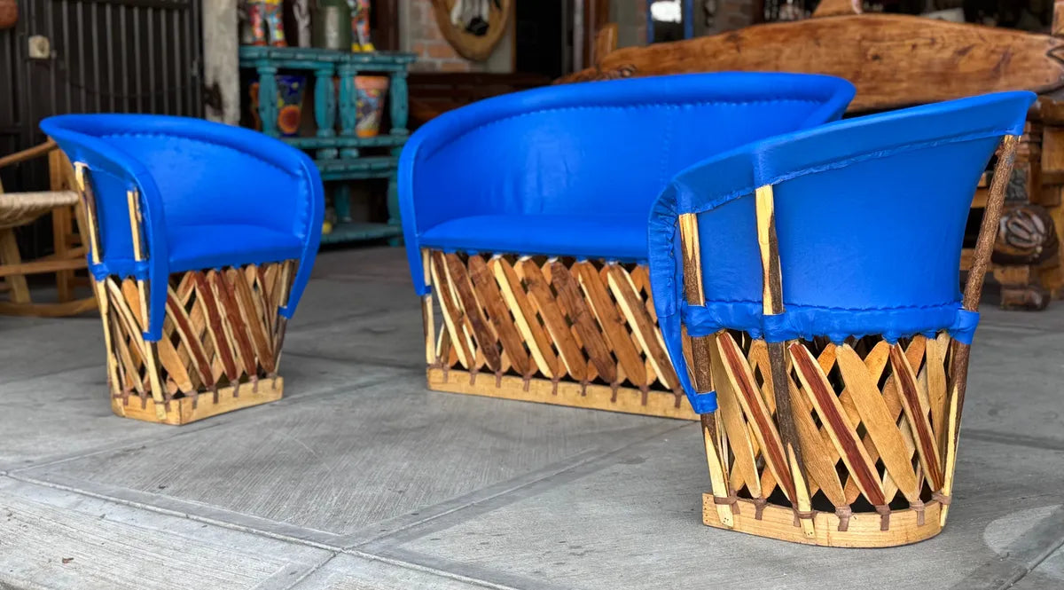 Blue Equipal Wood and Leather Antique Style Handcrafted Room.