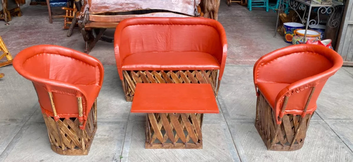 Handcrafted Room Equipal Wood Leather Antique Style Terracotta