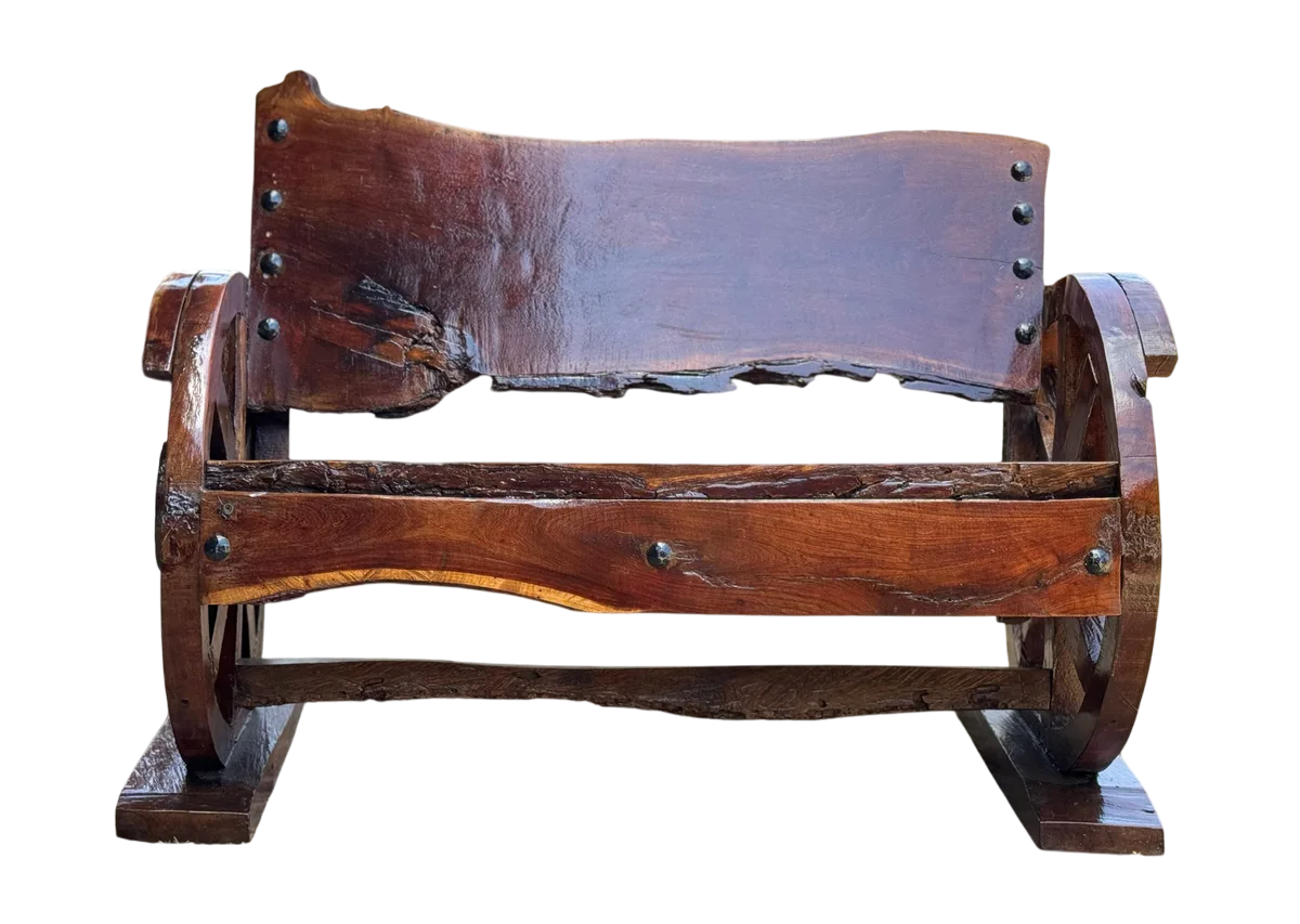 Banca de madera de mezquite antigua de 2 pulgadas (5 cm) de grosor, hecha a mano, para 2 personas, con respaldo antiguo, ruedas originales, más de 100 años
