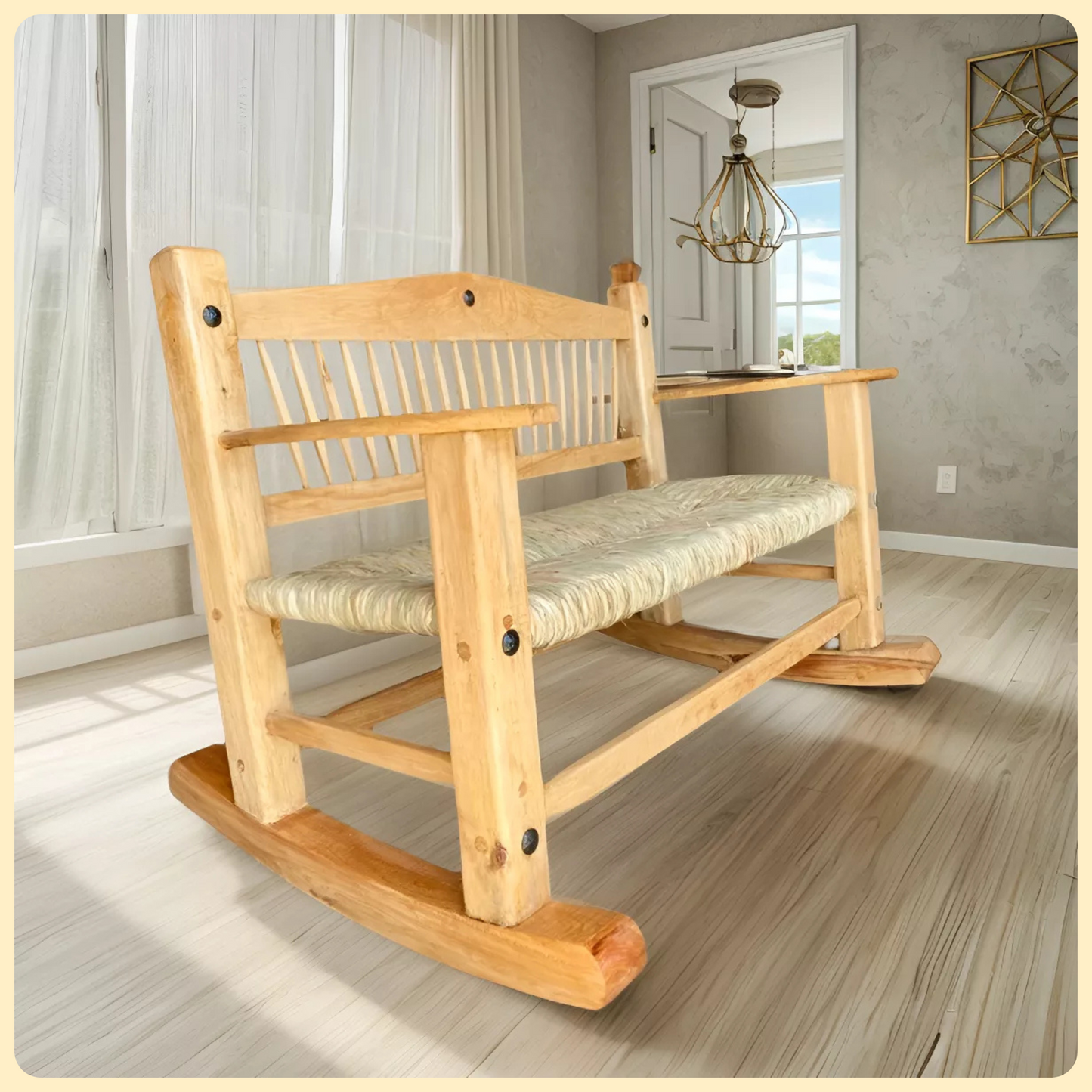 Sustainable Wooden Rocking Bench for 2 People, Antique Style