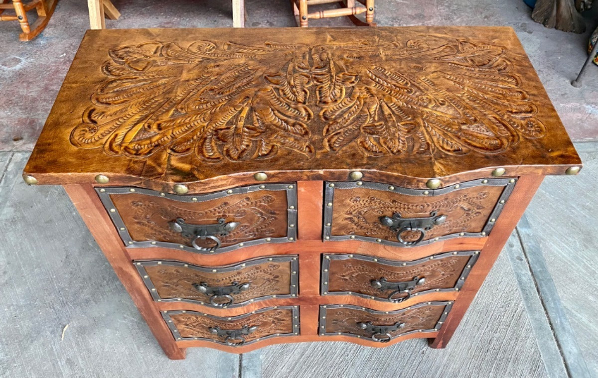 Antique Style Cedar Oak and Leather Chest of Drawers
