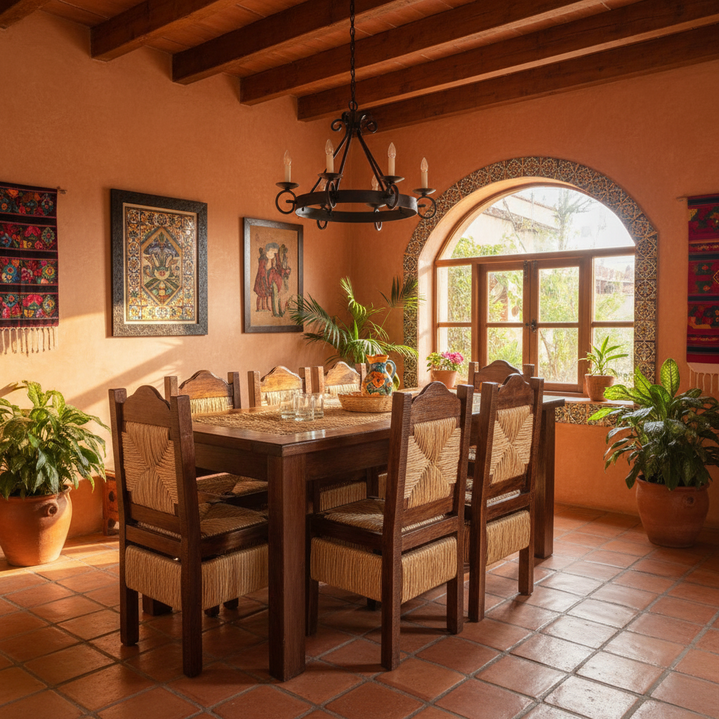 Hermoso Comedor Artesanal De Madera Sustentable Y Tejido En La Cubierta De La Mesa Y 8 Sillas