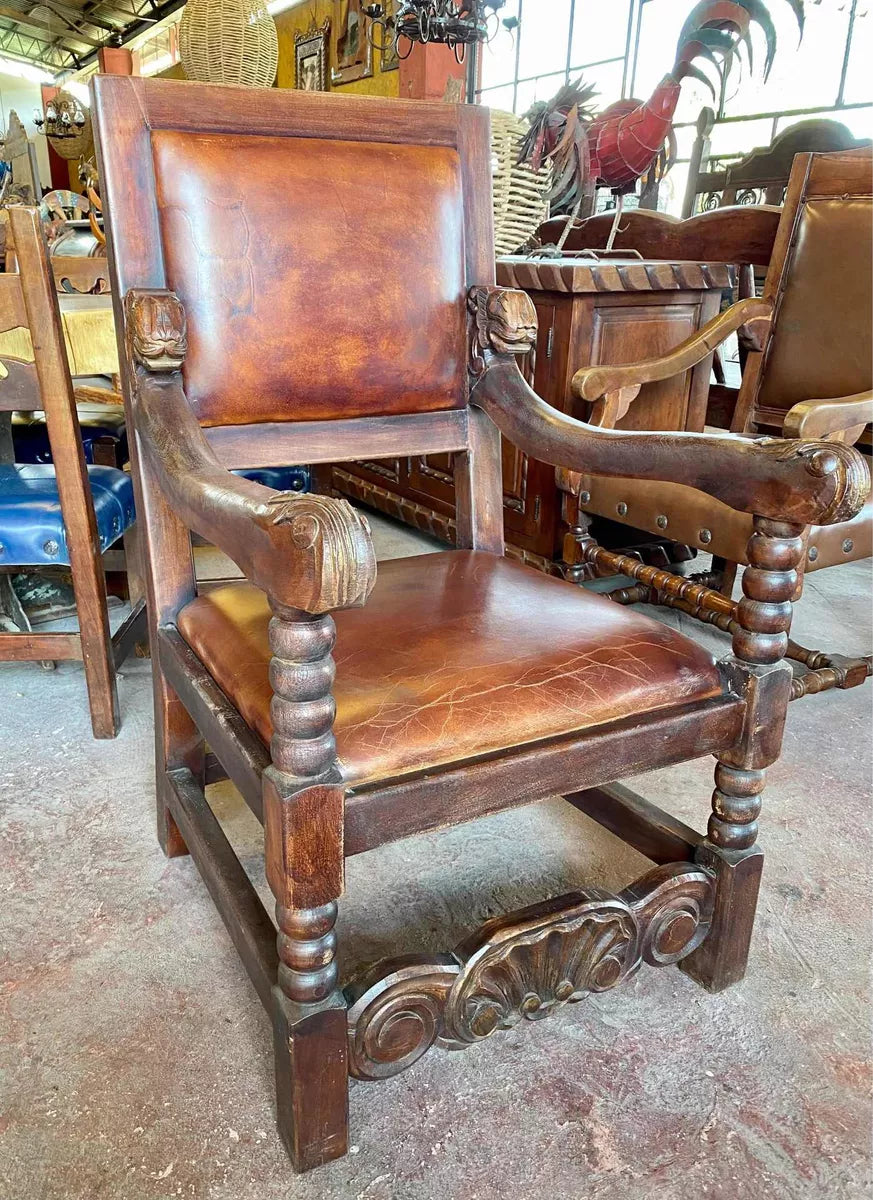 Sillon De Madera De Mezquite Tallado A Mano Y Piel