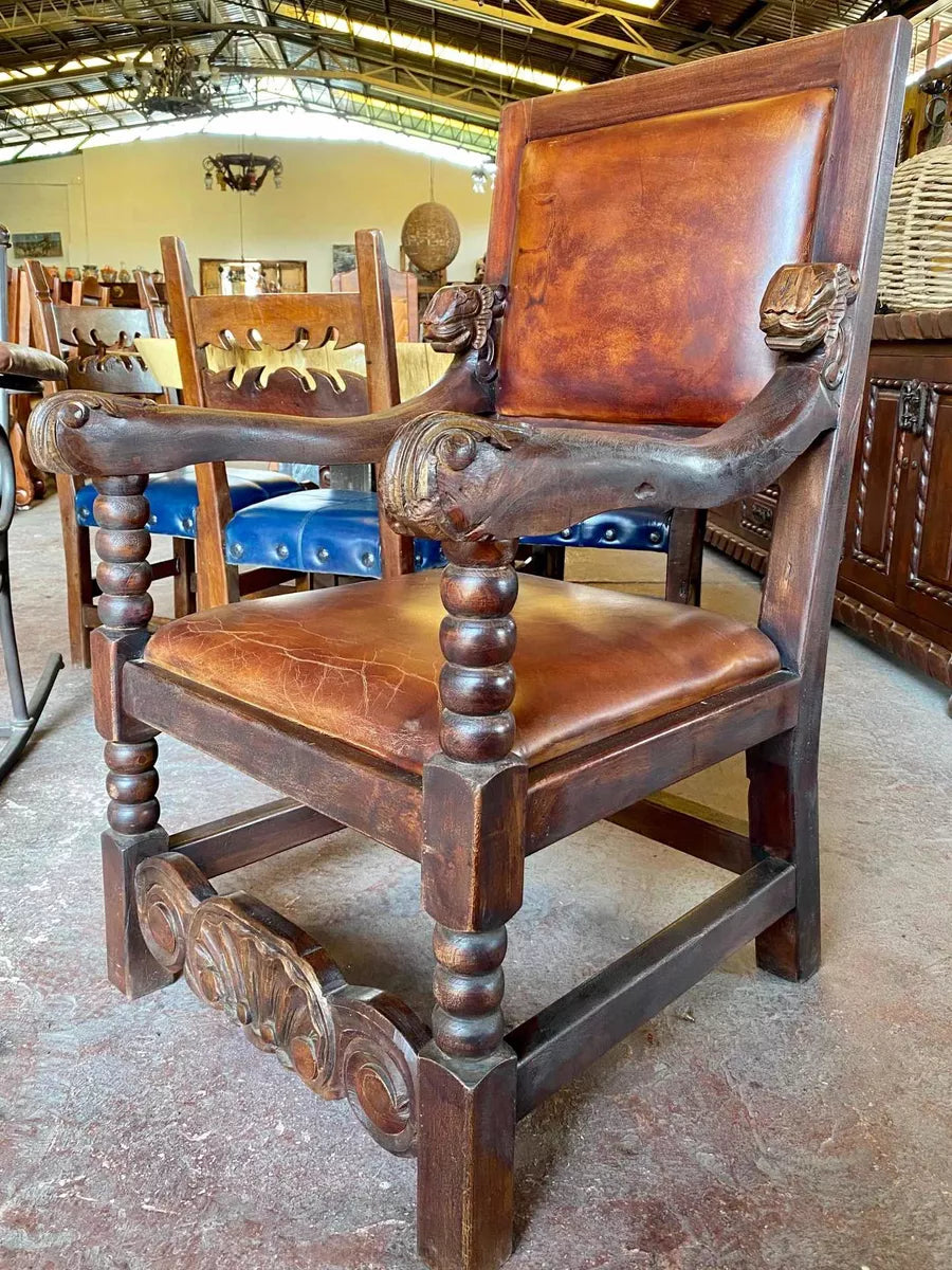 Sillon De Madera De Mezquite Tallado A Mano Y Piel
