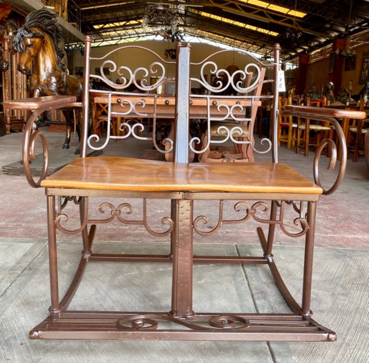 Antique Style Wrought Iron and Parota Rocking Bench