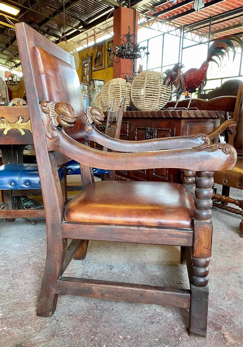 Sillon De Madera De Mezquite Tallado A Mano Y Piel
