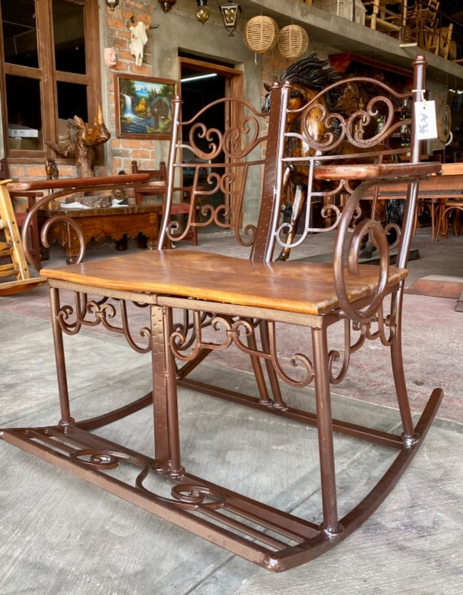 Antique Style Wrought Iron and Parota Rocking Bench