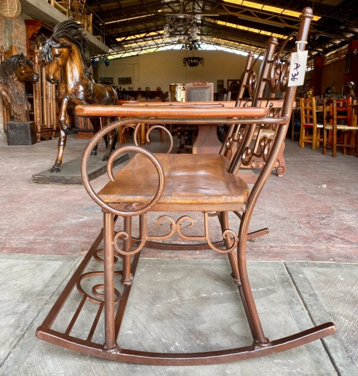 Antique Style Wrought Iron and Parota Rocking Bench