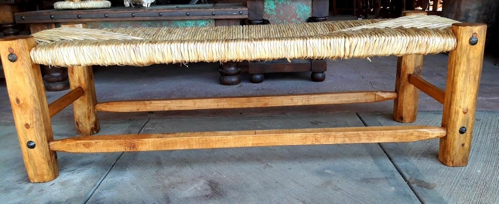 Antique Style Wrought Iron and Tule Wood Handcrafted Bench.