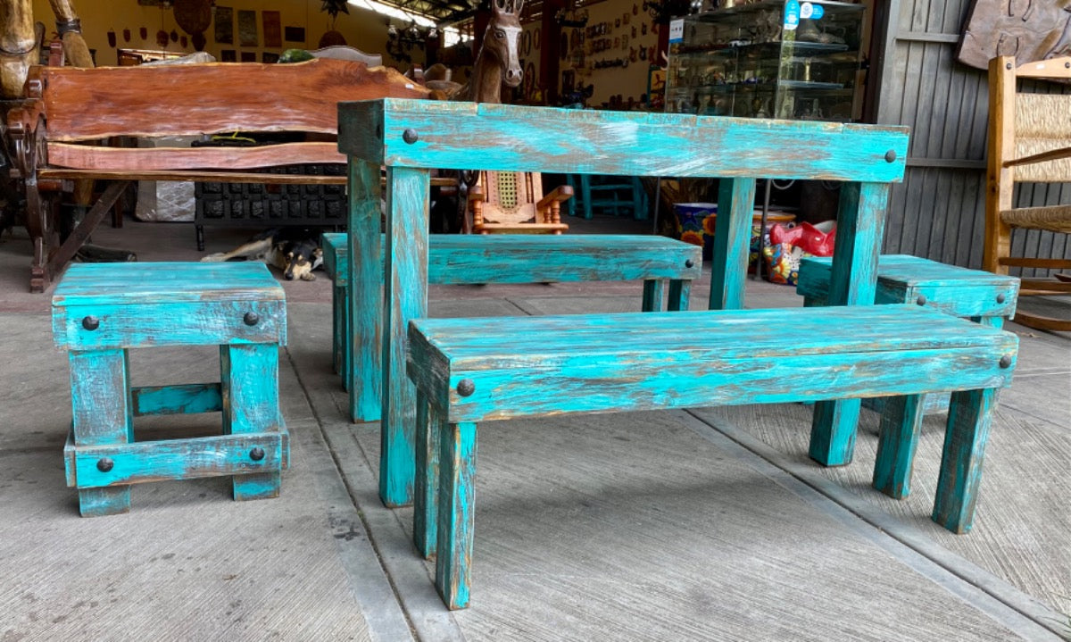 Handcrafted Dining Room with Vintage Antique Style Benches and Benches