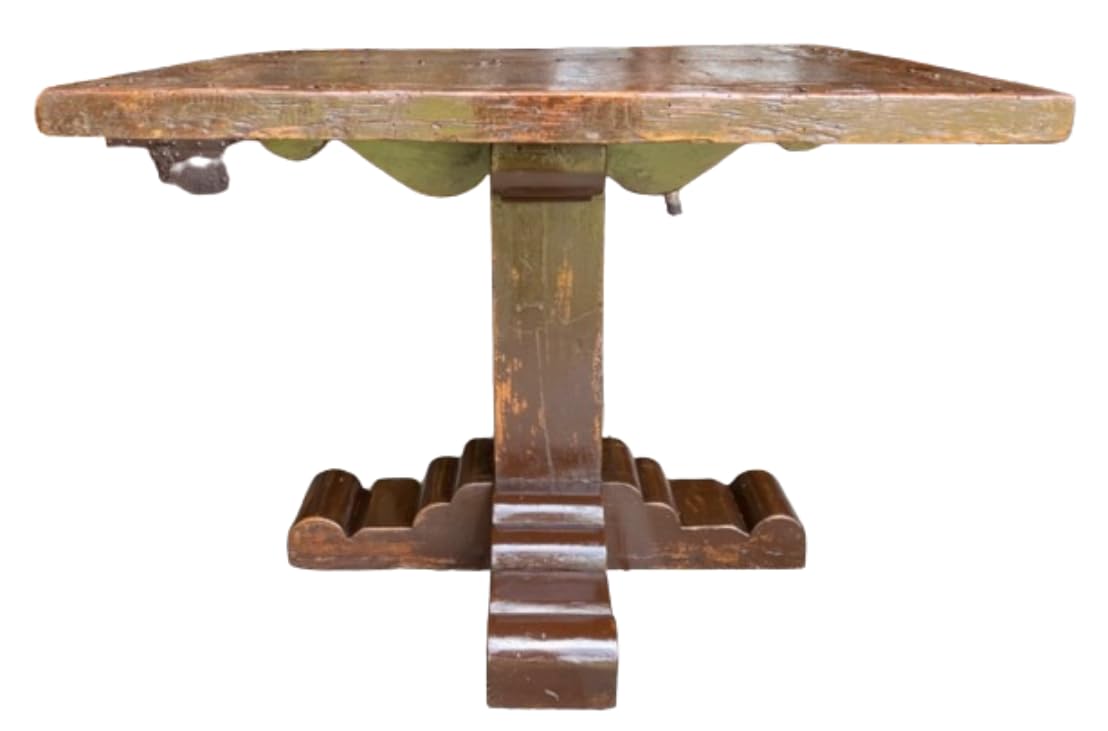 Mesa de comedor rústica hecha a mano, 1m x 1m x 77cm, madera de 200 años, cubierta de puerta antigua, patas de techo de finca
