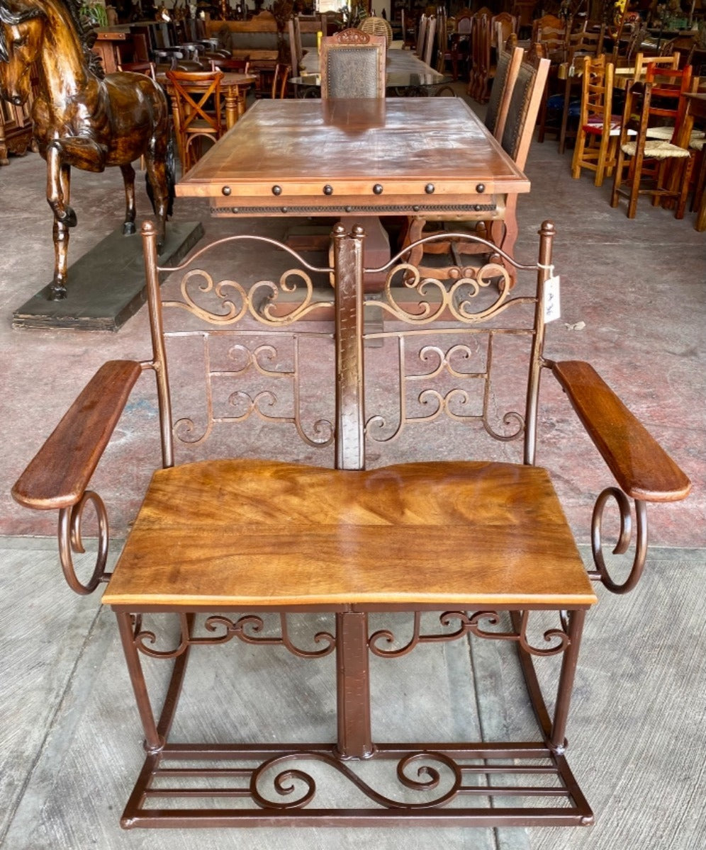 Antique Style Wrought Iron and Parota Rocking Bench