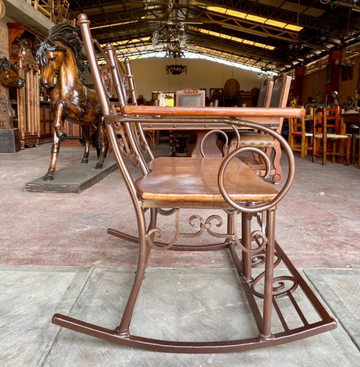 Antique Style Wrought Iron and Parota Rocking Bench