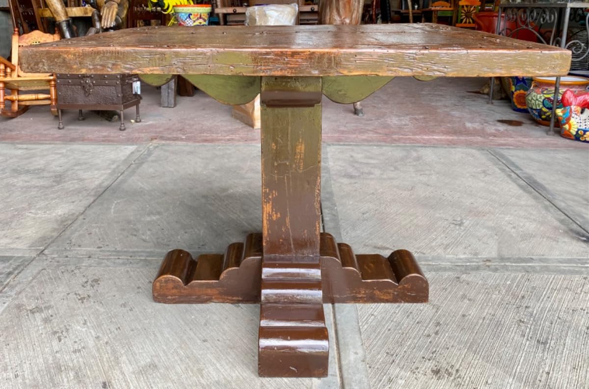 Mesa de comedor rústica hecha a mano, 1m x 1m x 77cm, madera de 200 años, cubierta de puerta antigua, patas de techo de finca
