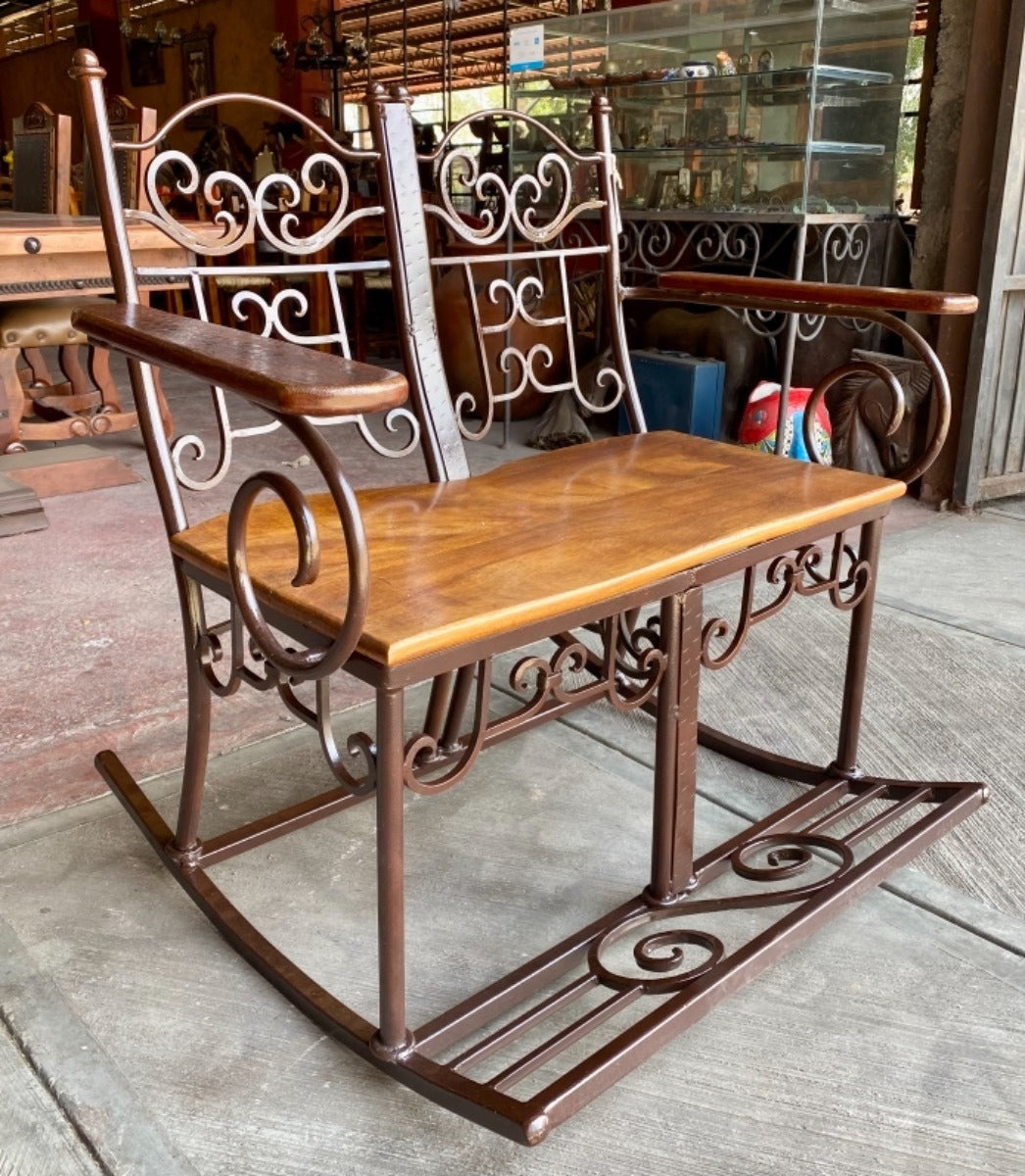Antique Style Wrought Iron and Parota Rocking Bench