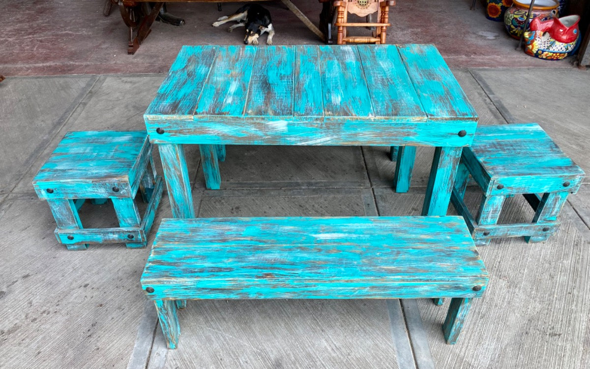 Handcrafted Dining Room with Vintage Antique Style Benches and Benches