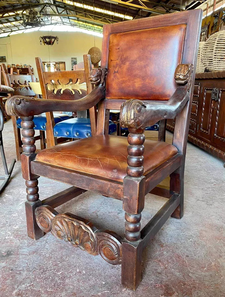 Sillon De Madera De Mezquite Tallado A Mano Y Piel