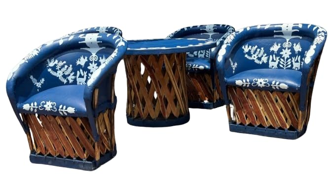 Blue equipal armchair with painted figures.