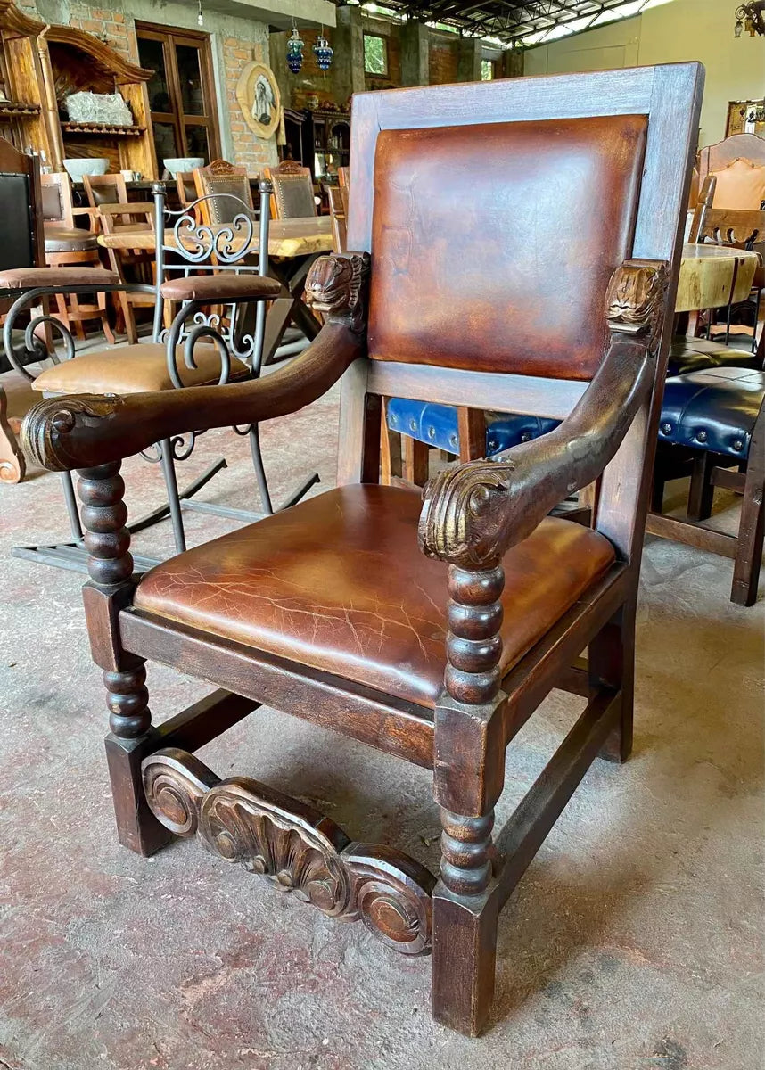Hand-carved mesquite wood and leather armchair