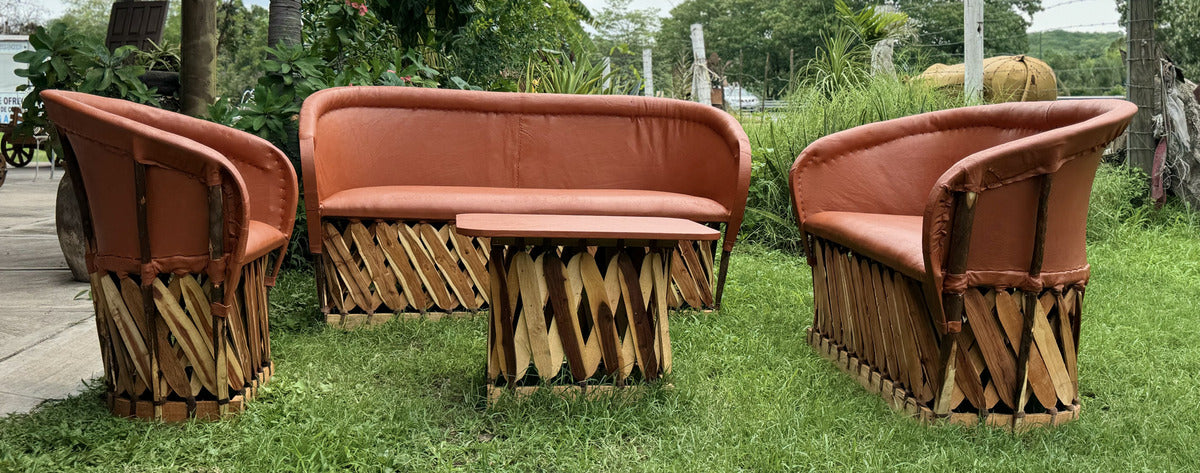 Sala Artesanal De Equipal En Madera Y Piel Estilo Antiguo..
