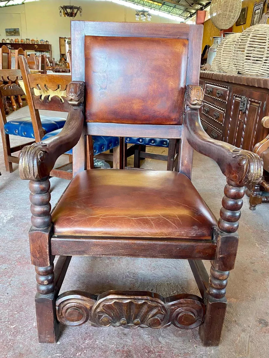 Sillon De Madera De Mezquite Tallado A Mano Y Piel