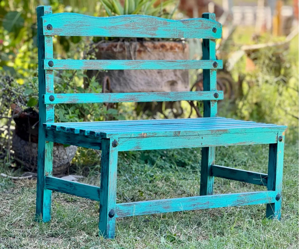 Silla Banca Artesanal 2 Personas Antiguo Turquesa Vintage