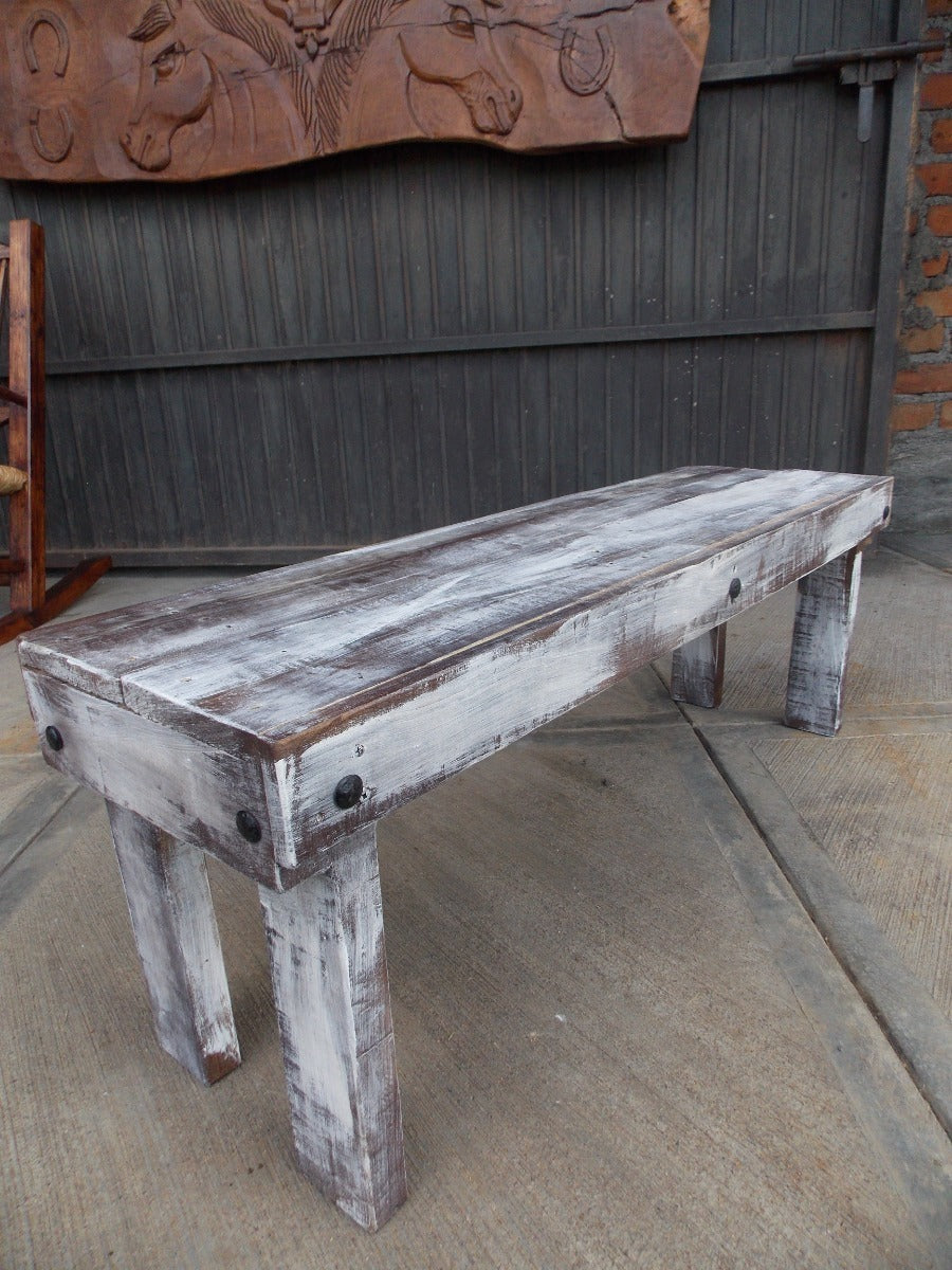 Vintage Handmade Bench in Wood and Wrought Iron, Antique Style.